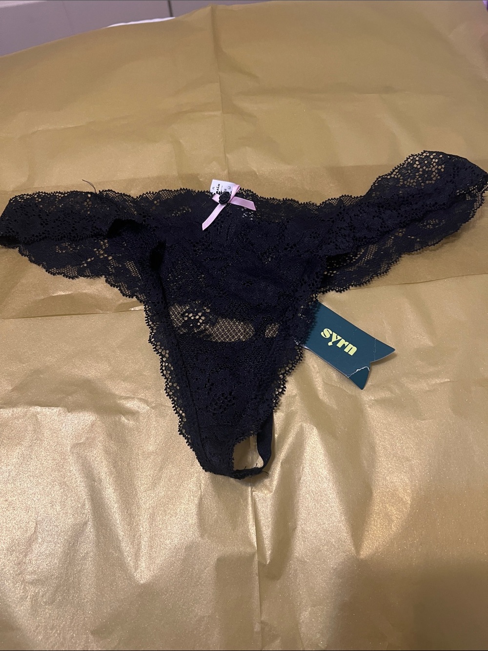 Lace Trim Sheer Thong Panty - Black